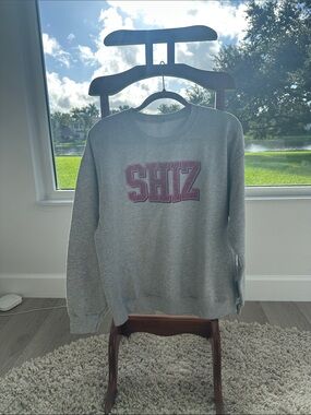 SHIZ Grey Crewneck Sweatshirt with Pink Lettering